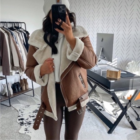 Brown women fur trim coat bomber faux suede thick winter jacket
